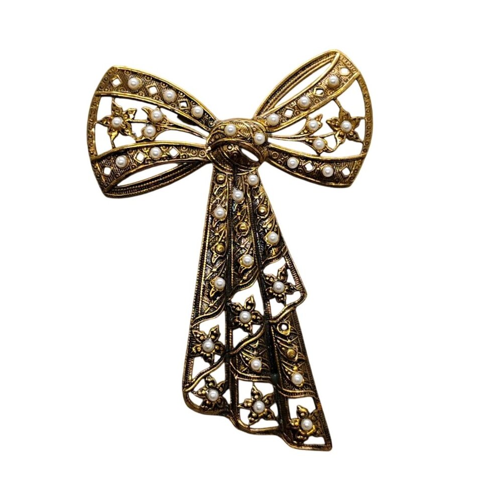 Vtg Art Deco Style Gold Tone Brass Ribbon Bow Brooch w/Faux Pearls & Stars - Picture 2 of 5